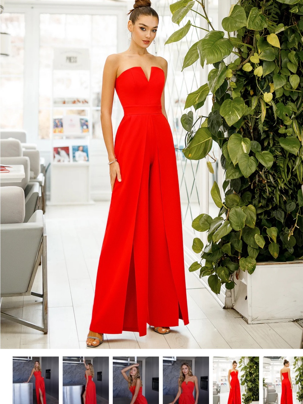 Strapless Red Evening Jumpsuit with Sweetheart Neckline